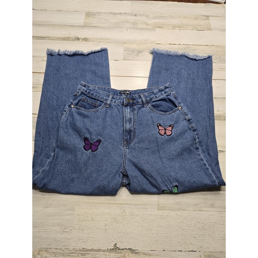 Fashion Nova Butterfly Embroidered Wide Leg Jeans Blue Medium Wash High‎ Rise 30